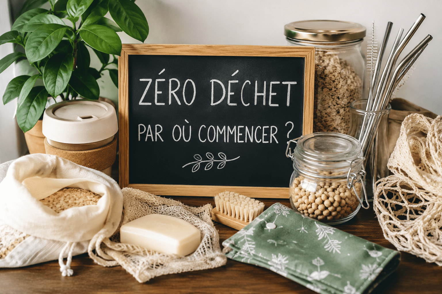 Illustration d'une démarche zéro déchet avec bocaux en verre, sacs réutilisables et accessoires pour débuter le vrac